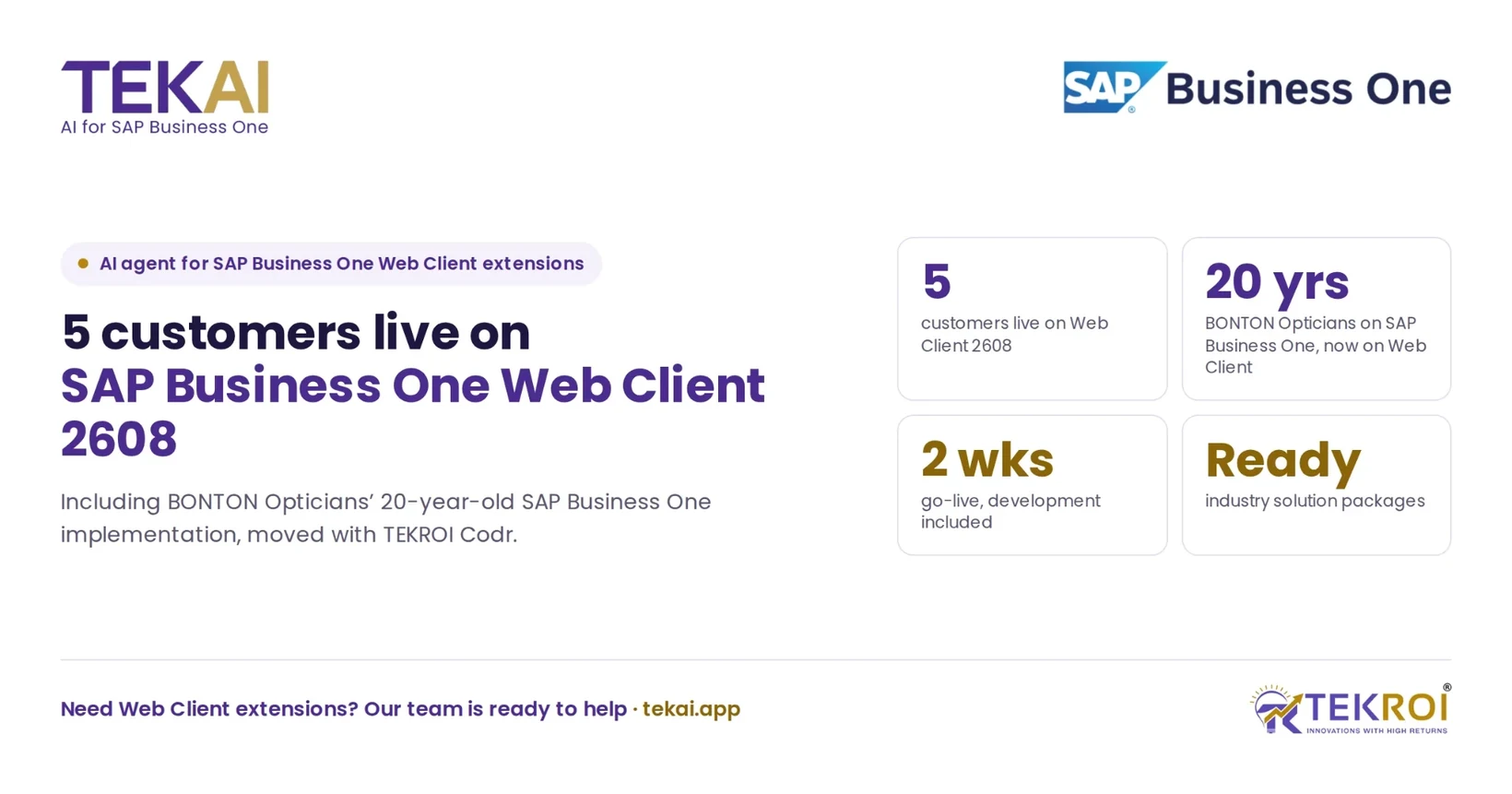 BONTON Opticians and four more customers live on SAP Business One Web Client 2608 with TEKROI Codr