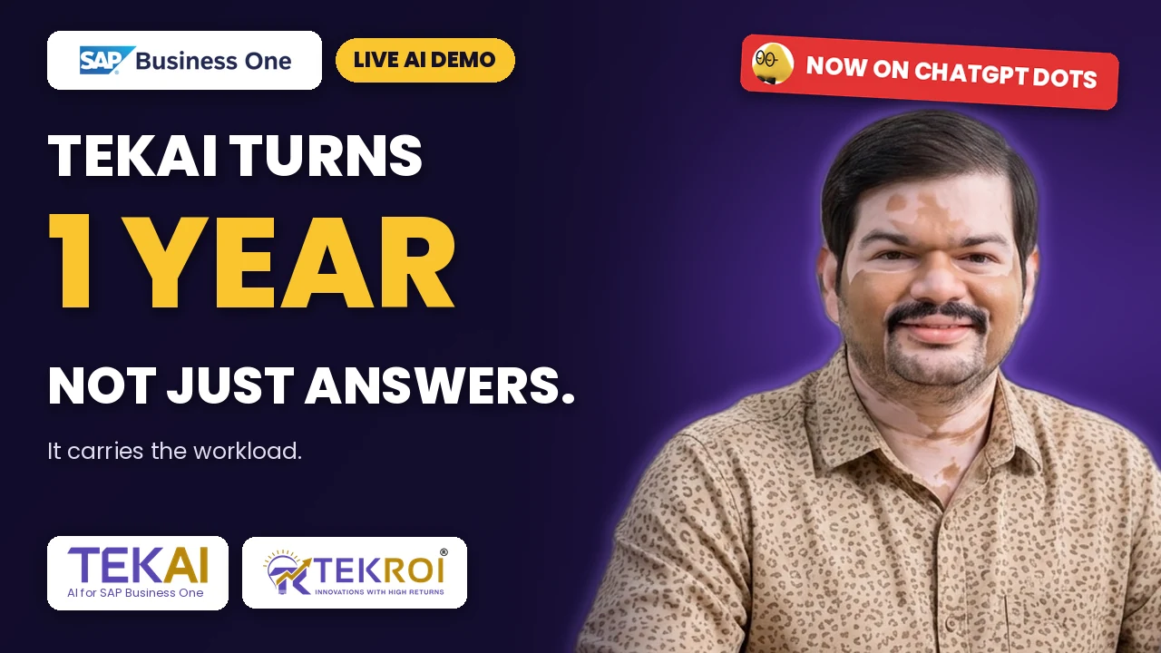 TEKAI turns one — an always-on ChatGPT dot watching a live SAP Business One system through TEKAI and sending rule-break alerts to Microsoft Teams.